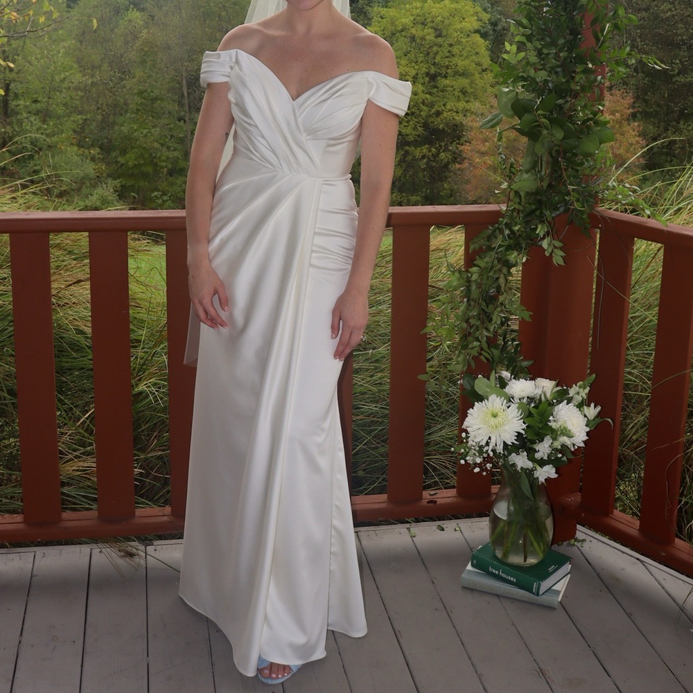 Sheath, Ivory, Satin, Off-The-Shoulder Dress (Allure Bridals)